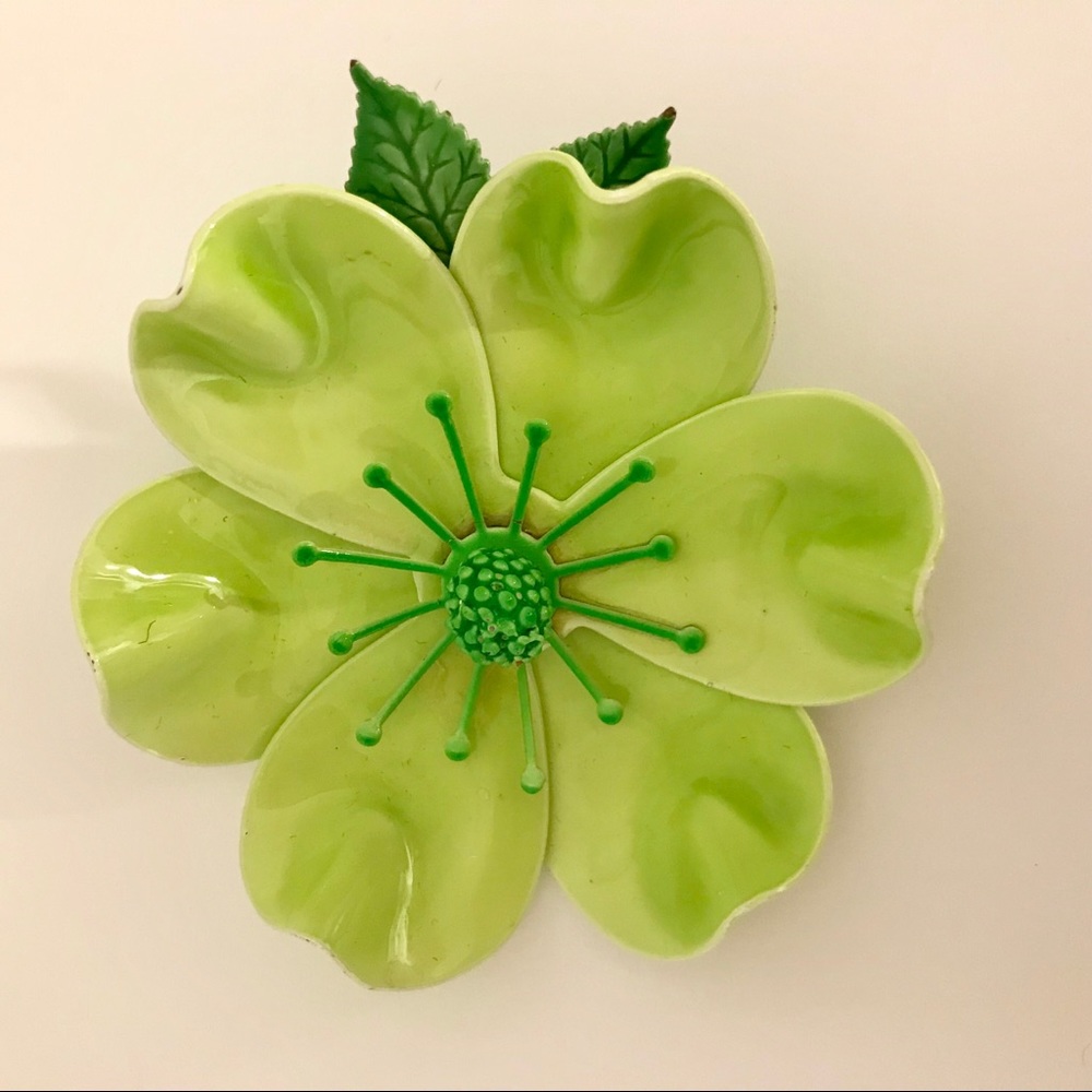 Vintage Lime Green Enamel Flower Brooch
